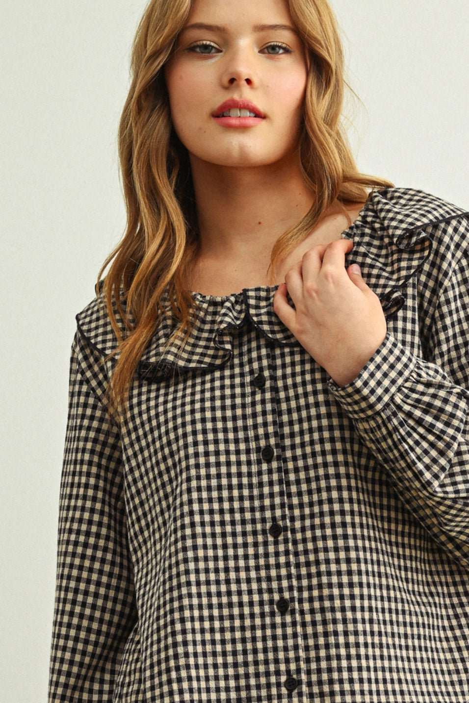 Gingham Mini Ruffle Collar Blouse