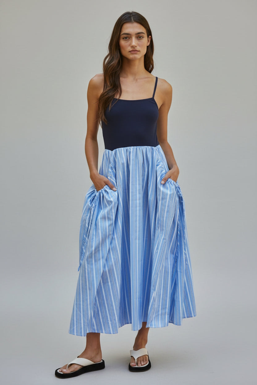 Cotton Striped Skirt Knit Ribbed Bodice Dress