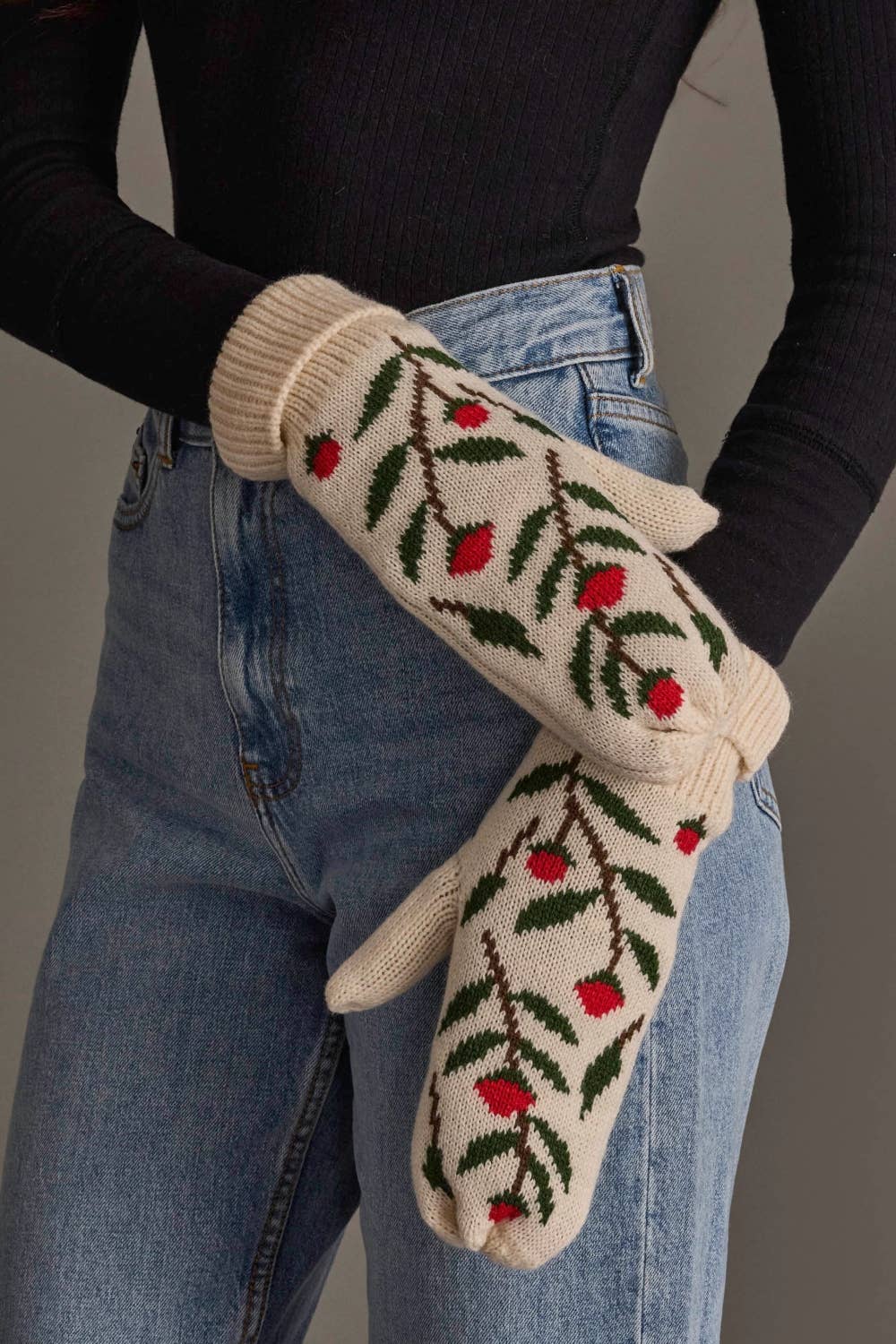 Cream Floral Pattern Knit Mittens