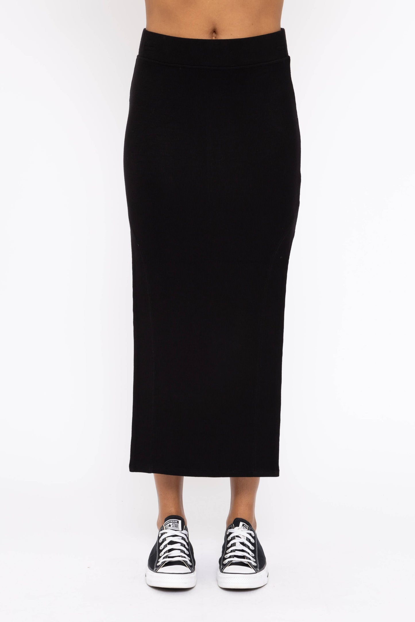 Ribbed High Waisted Midi Skirt