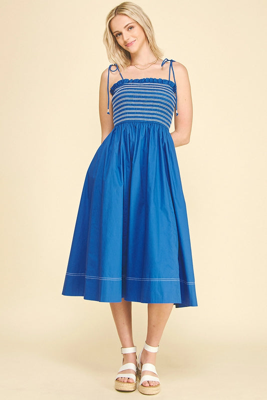 Contrast Smocked Midi Dress