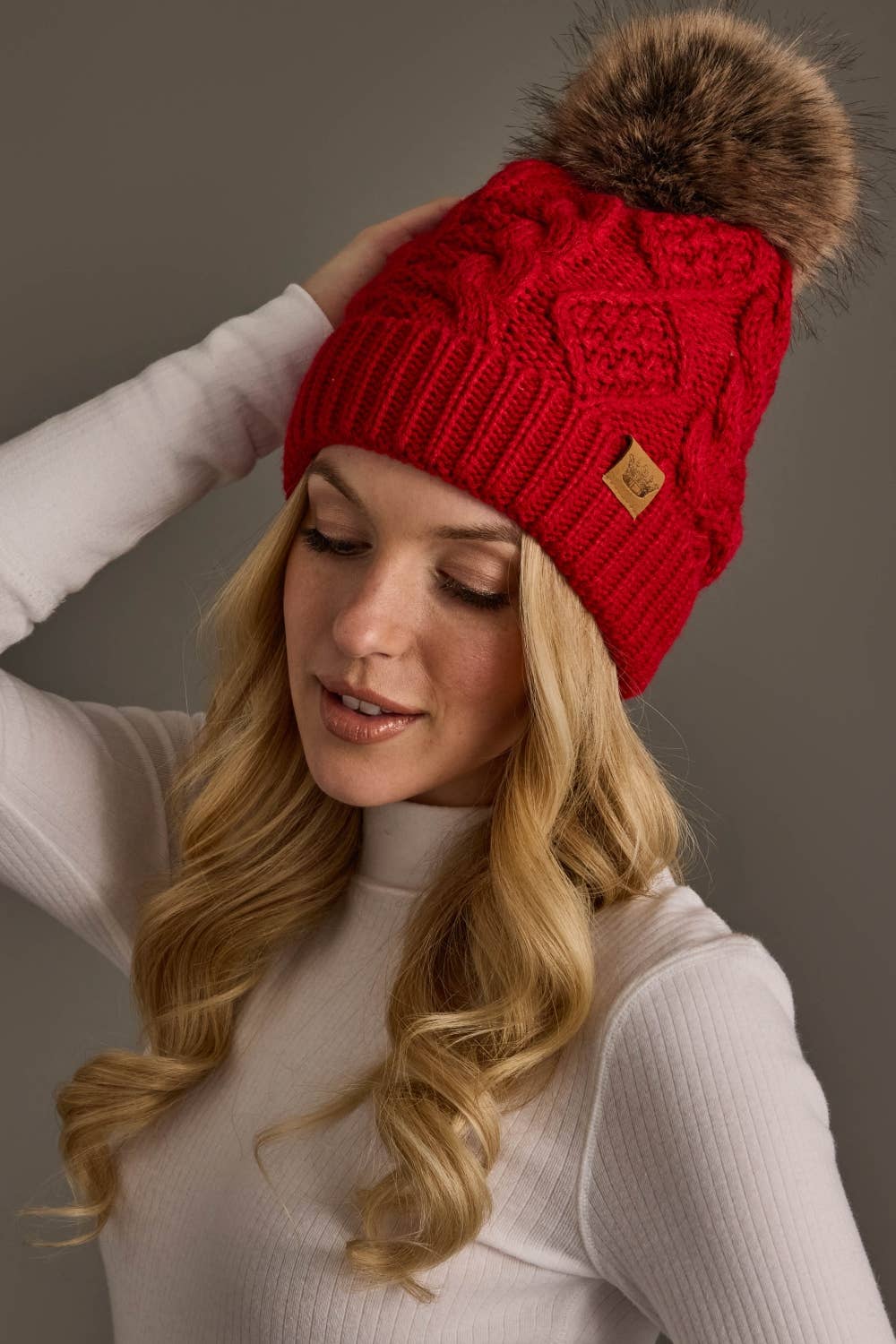 Red Cable Knit Pom Hat