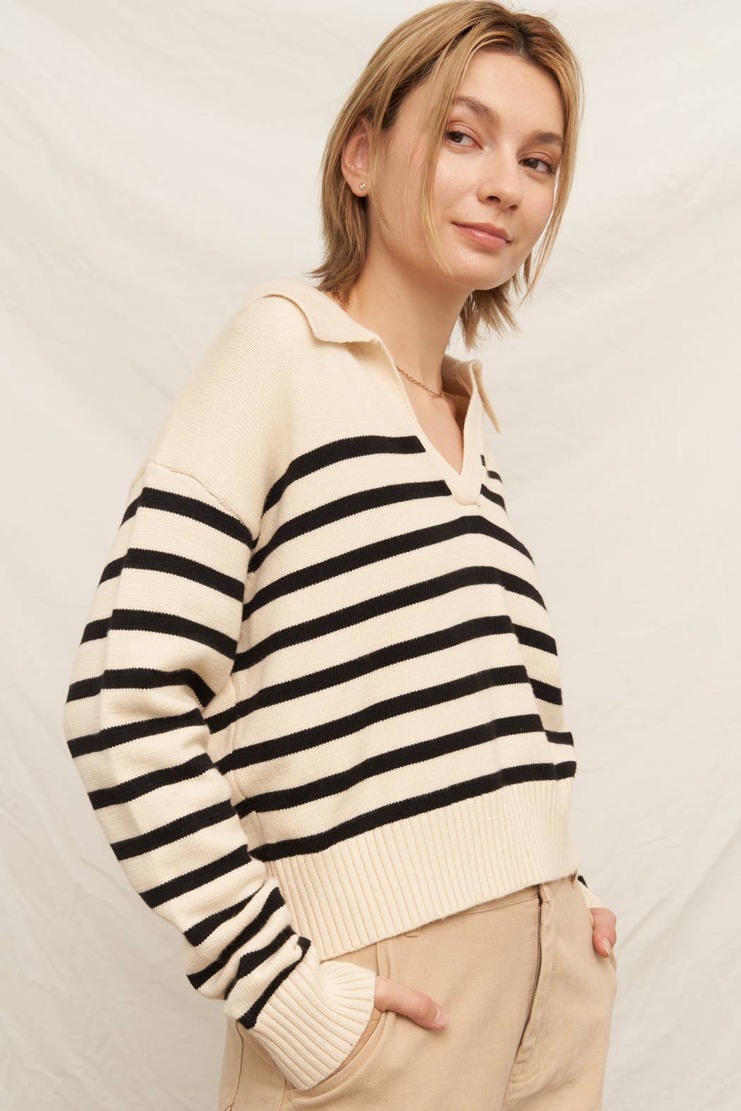 Collared Striped Knit Sweater