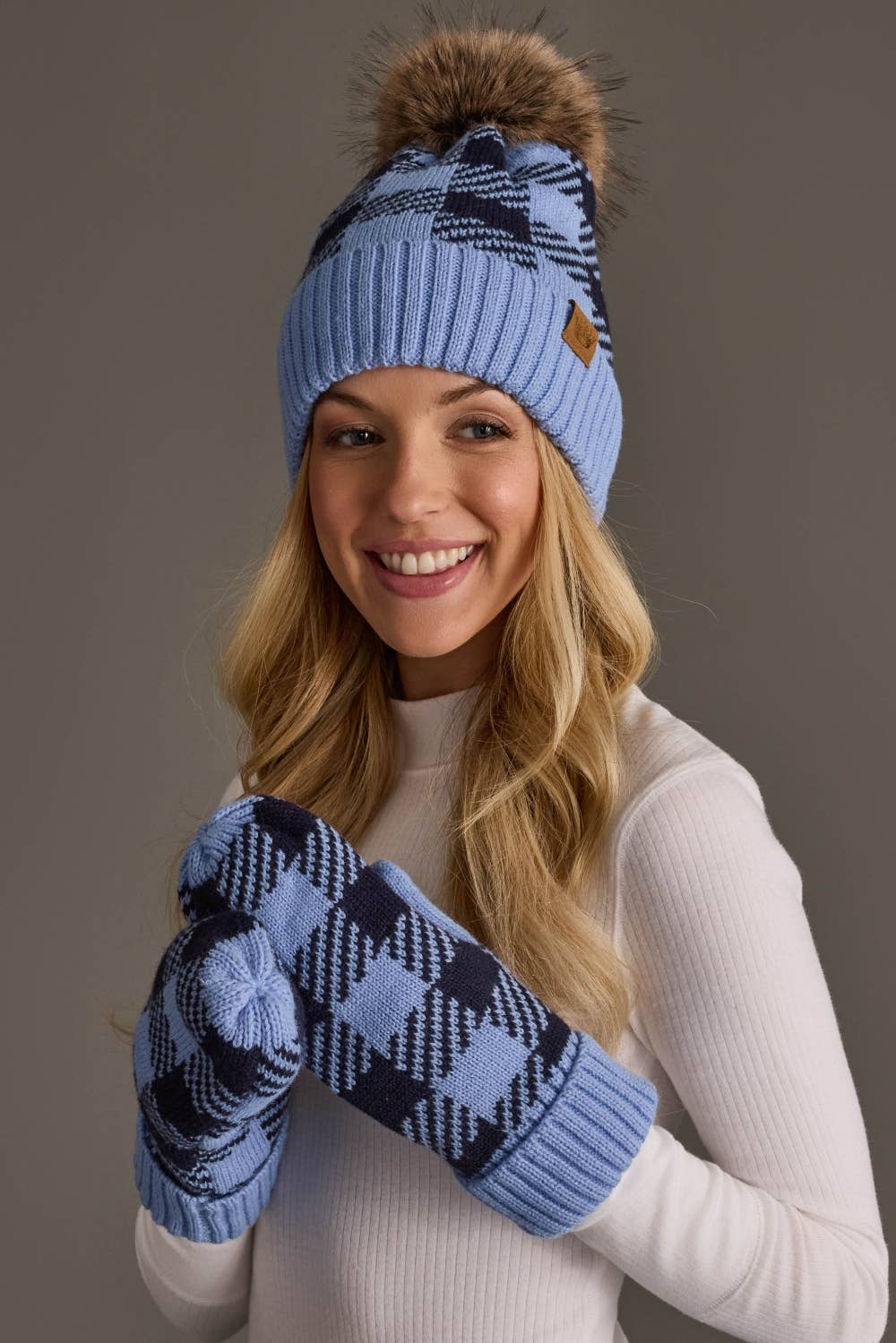 Lt. Blue & Navy Plaid Knit Mittens