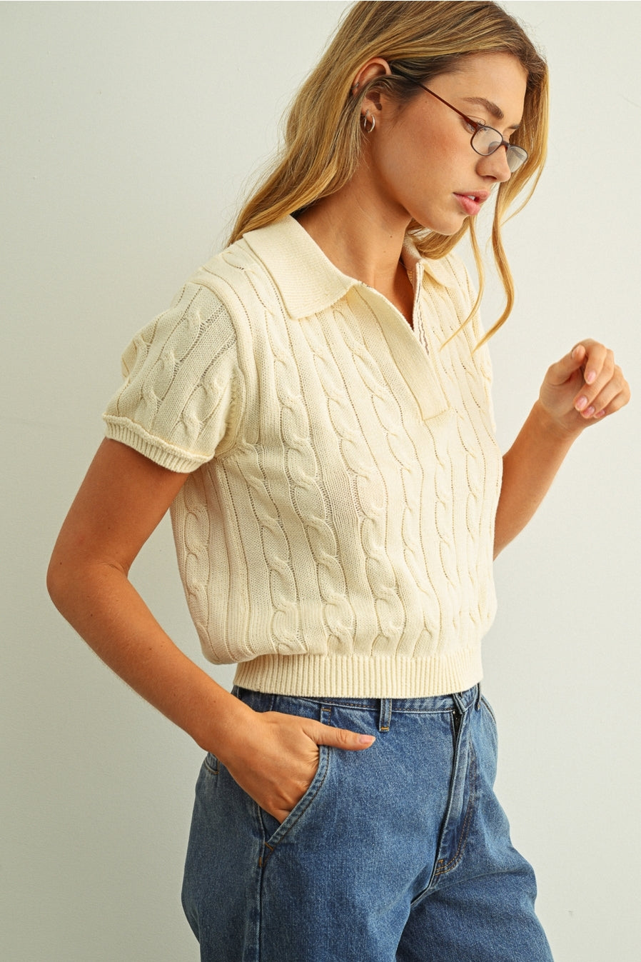 Short Sleeve Cable Knit Polo