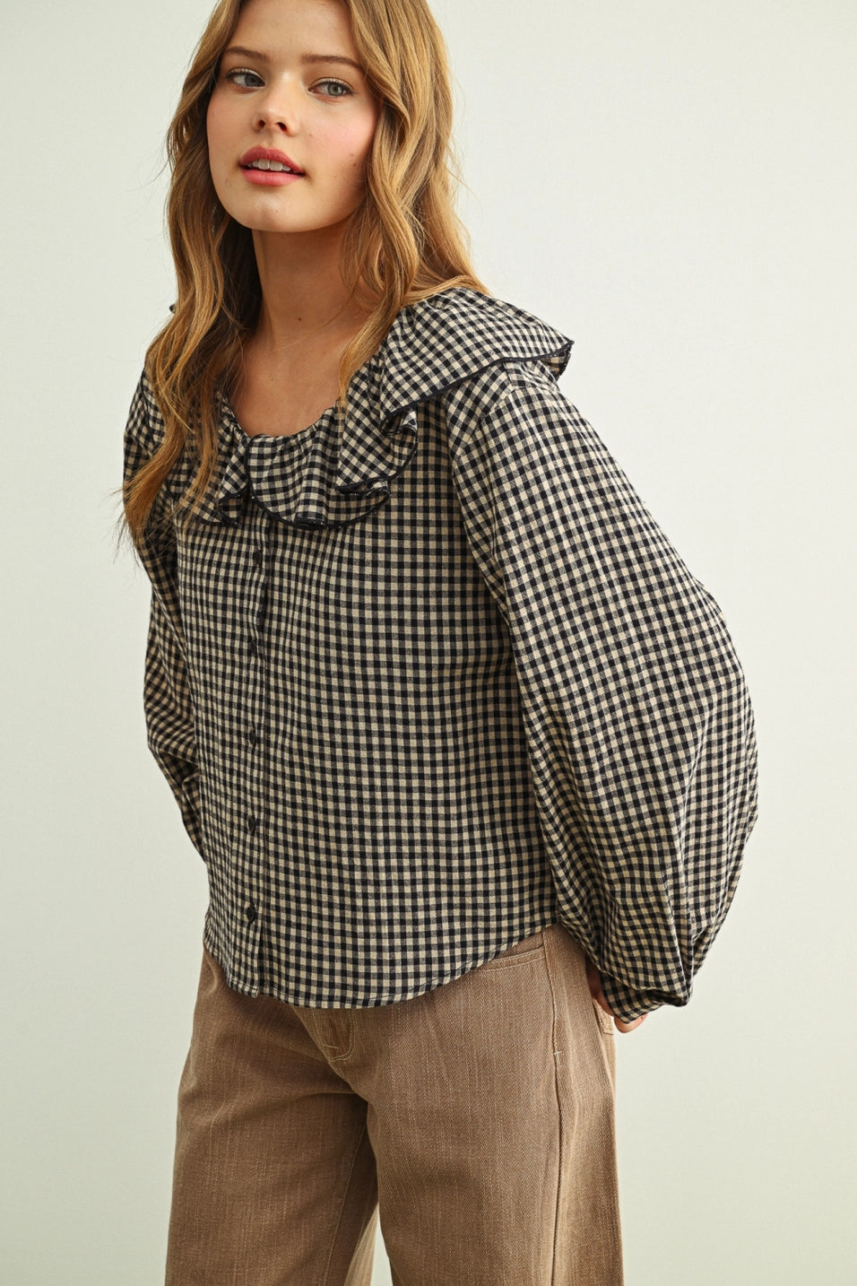 Gingham Mini Ruffle Collar Blouse