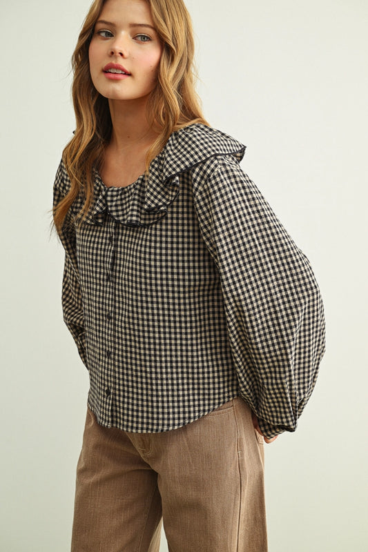Gingham Mini Ruffle Collar Blouse