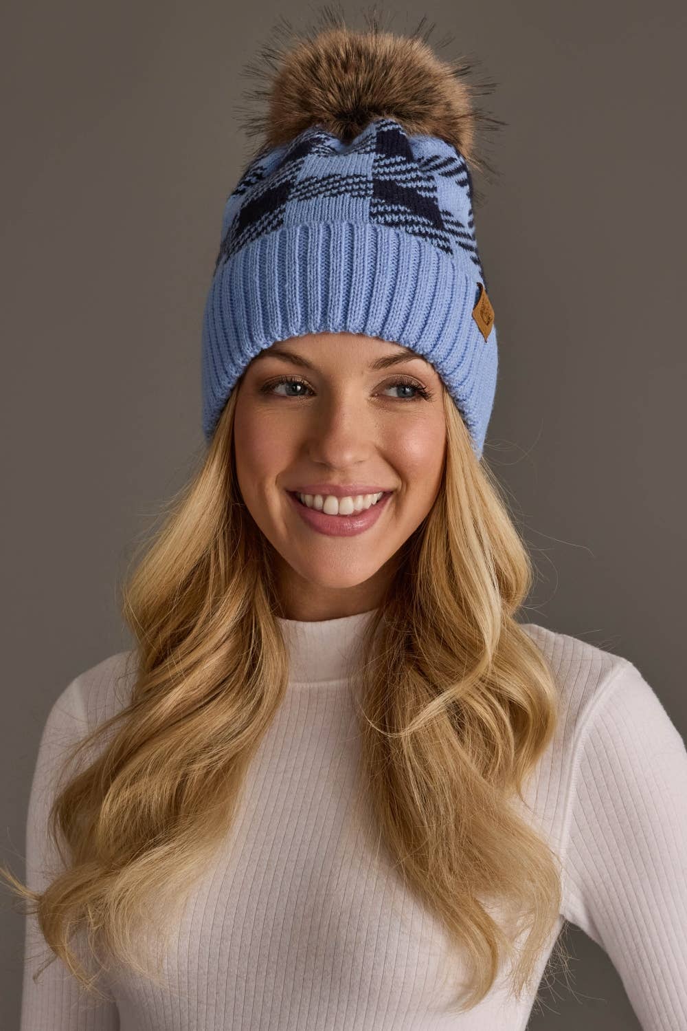 Lt. Blue & Navy Plaid Knit Pom Hat