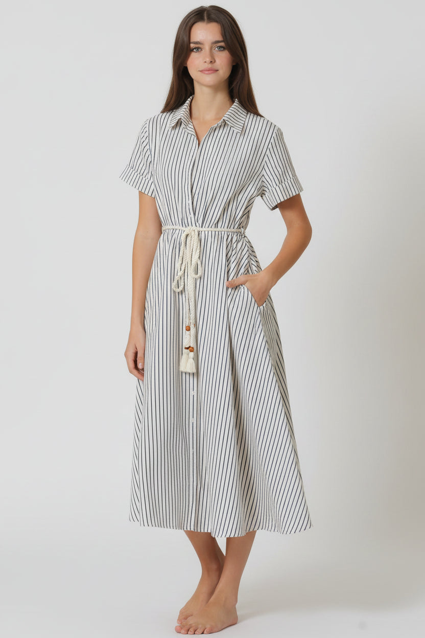 Short Sleeve Rope Belted Midi Dress