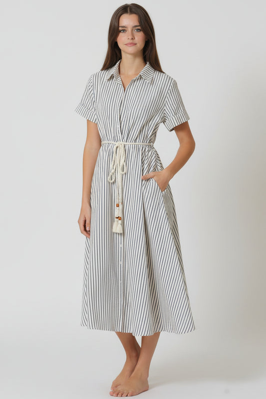 Short Sleeve Rope Belted Midi Dress