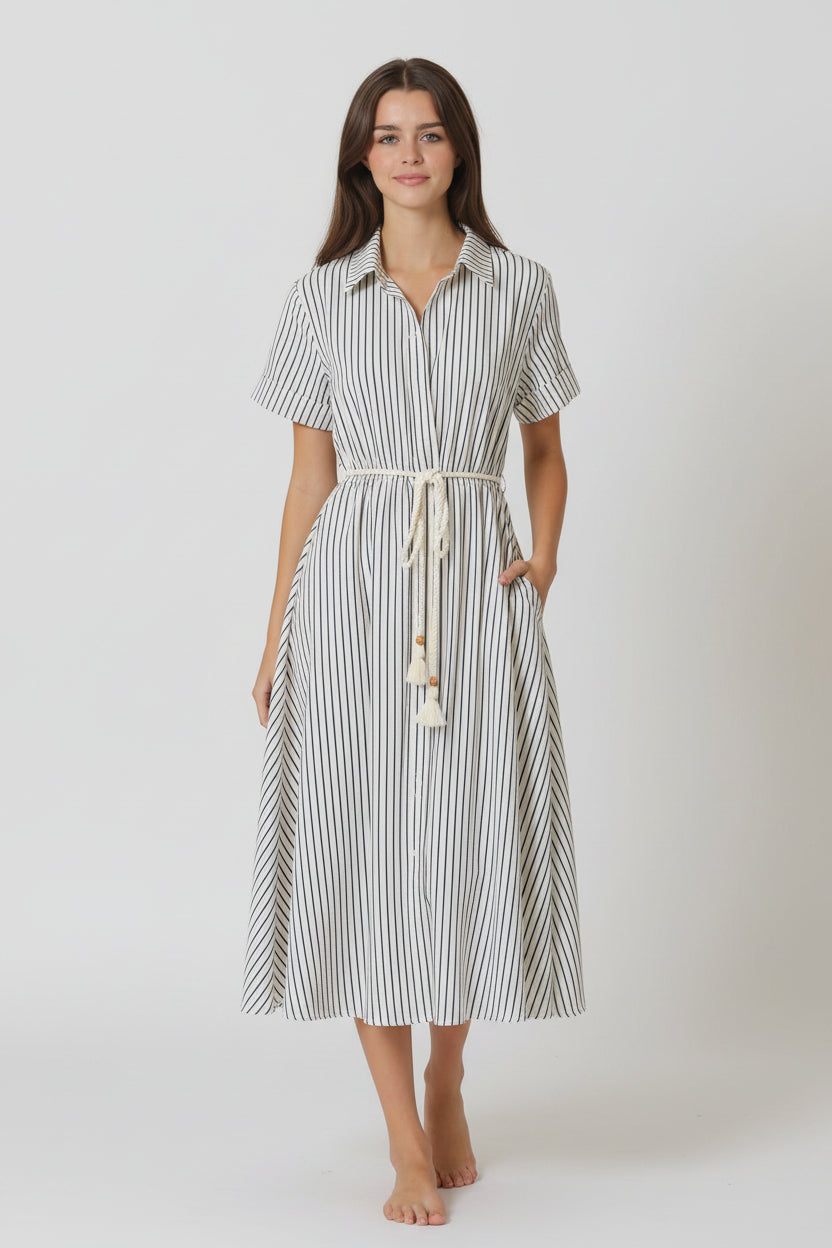 Short Sleeve Rope Belted Midi Dress