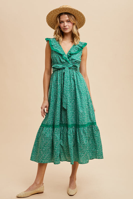Ruffled Neckline Floral Maxi Dress