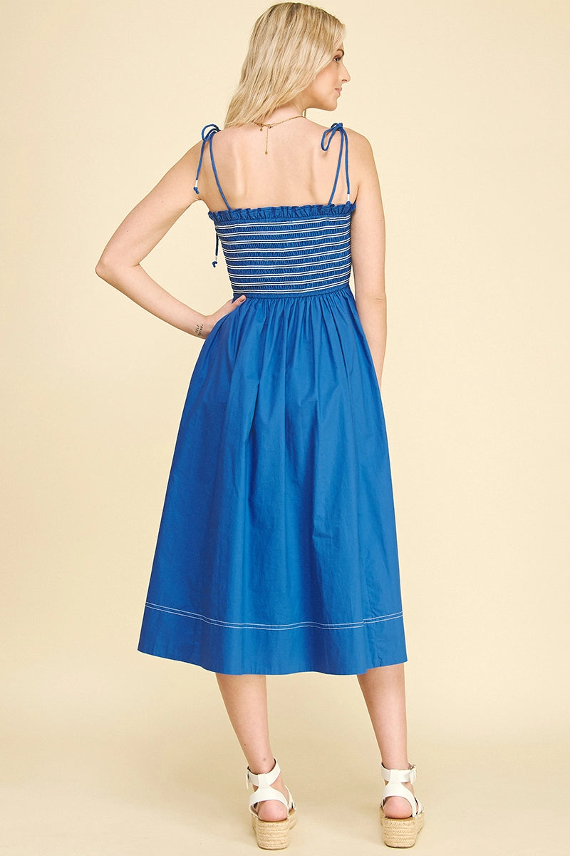 Contrast Smocked Midi Dress