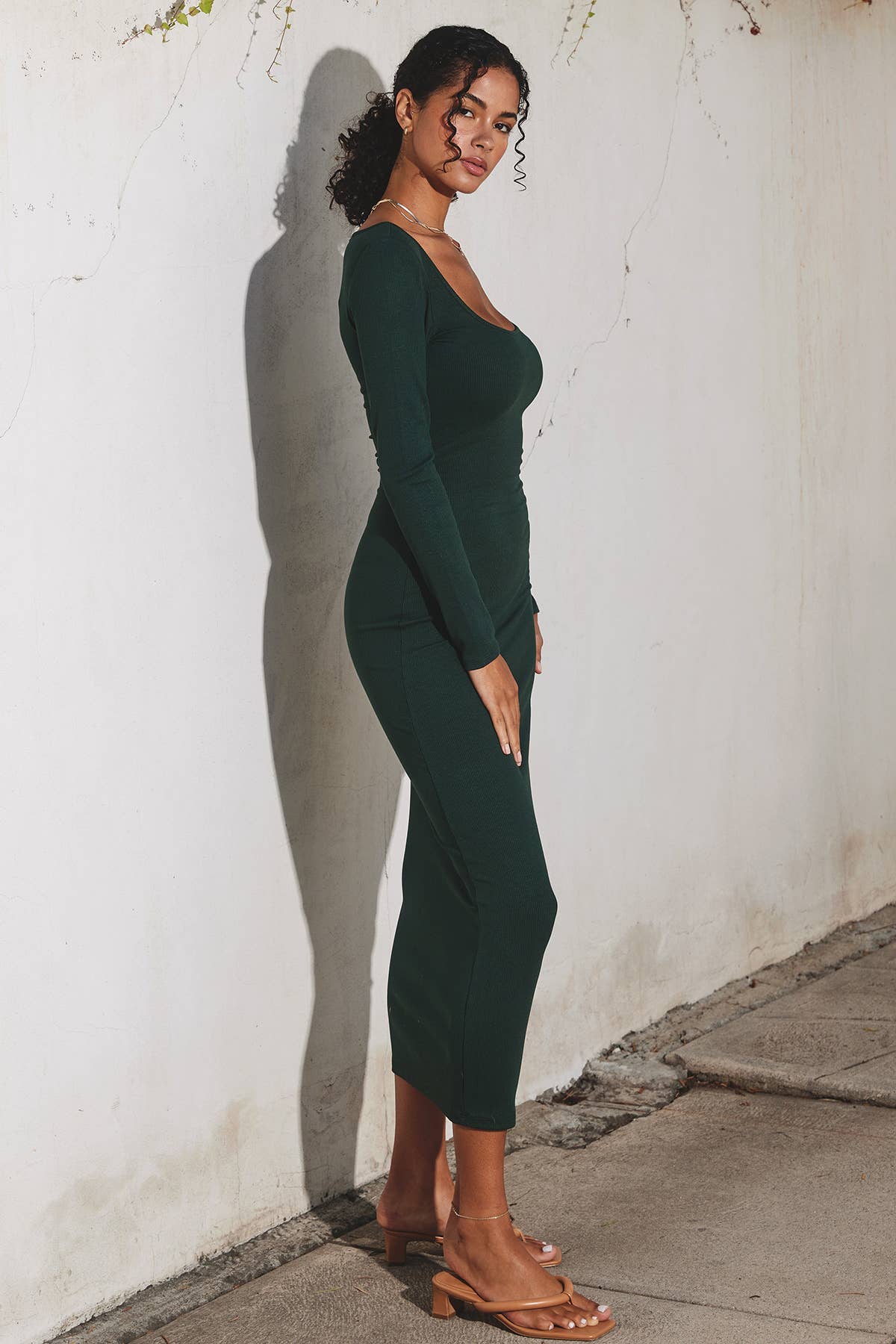 Ribbed Knit Square Neck Midi Dress