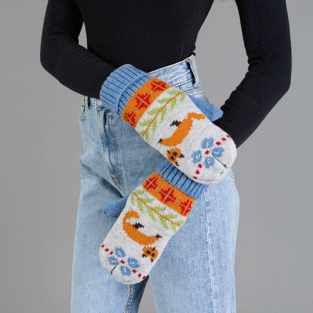 Blue Fox Pattern Knit Mittens