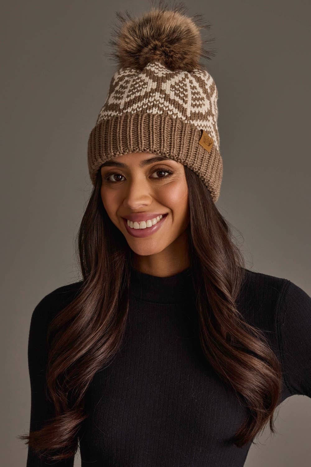 Taupe & Beige Patterned Knit Pom Hat
