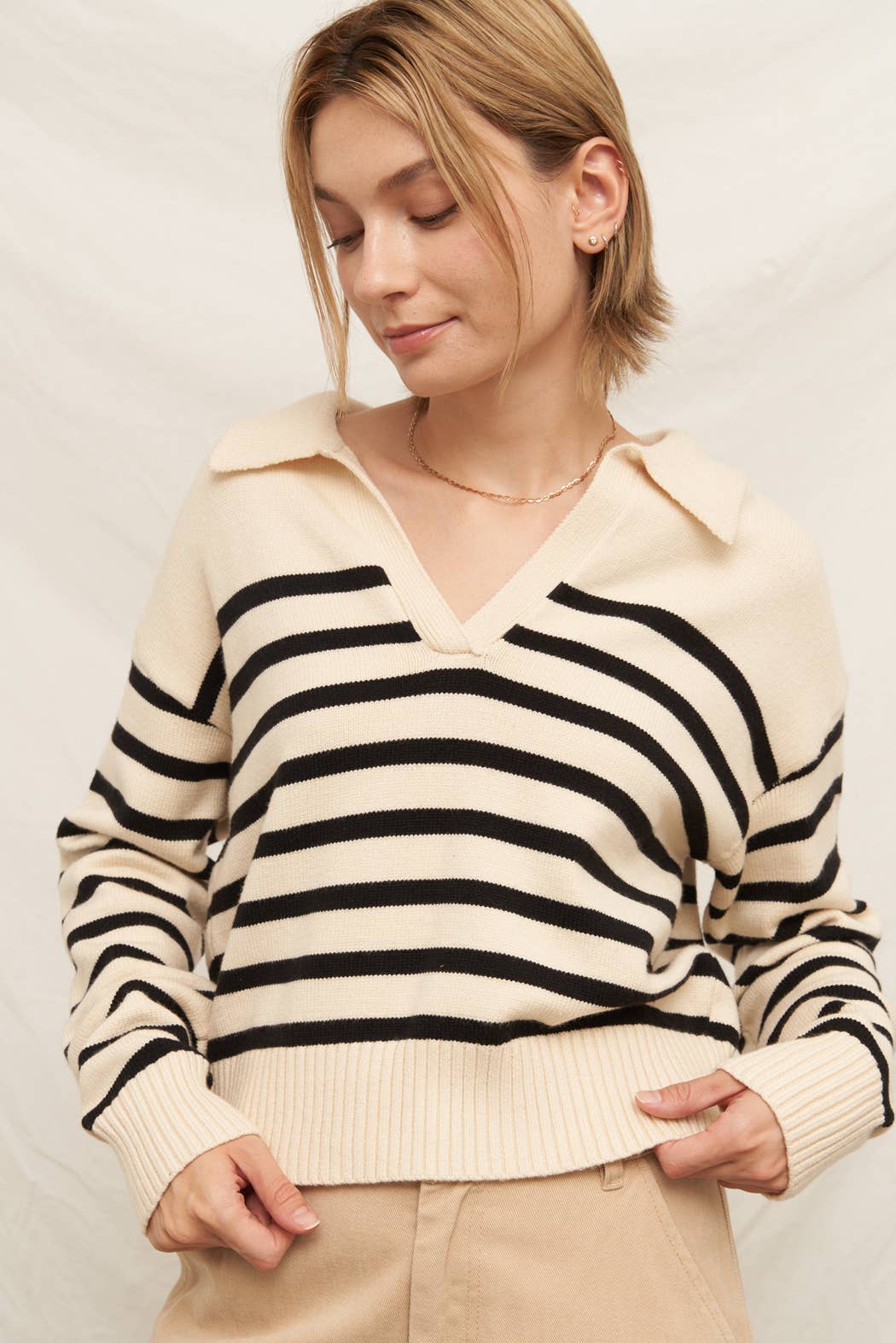 Collared Striped Knit Sweater