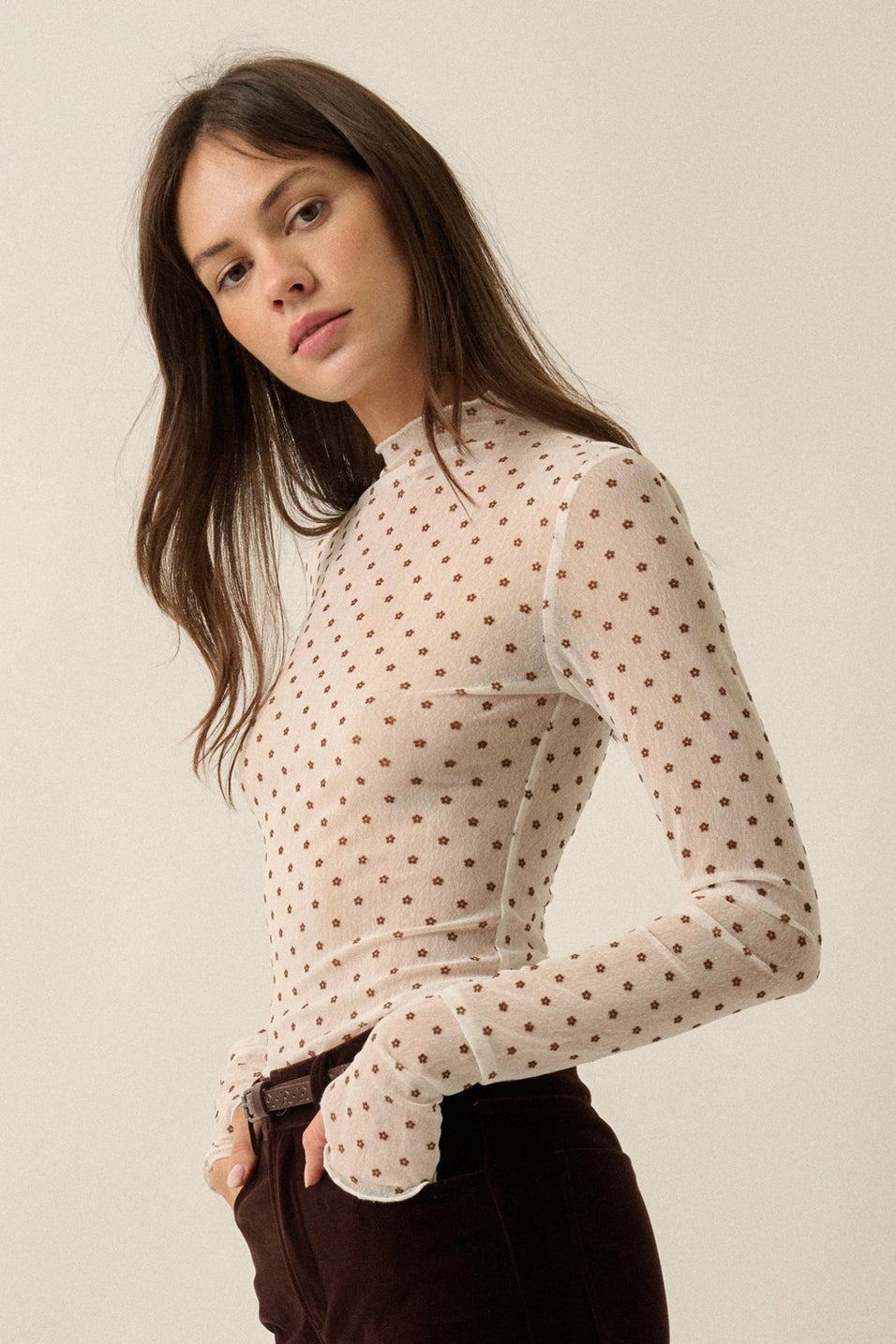 Sheer Floral Mock Neck Top