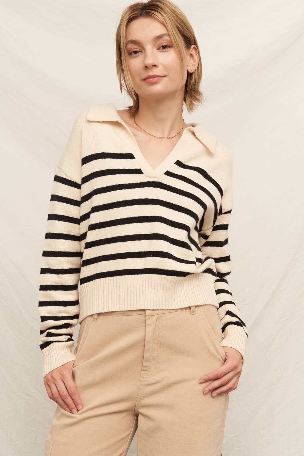 Collared Striped Knit Sweater