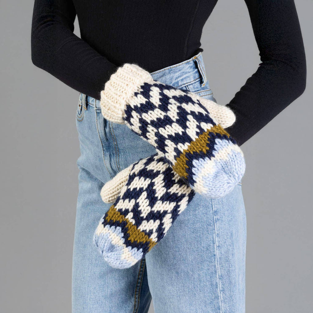 Beige, Navy & Lt. Blue Patterned Mittens