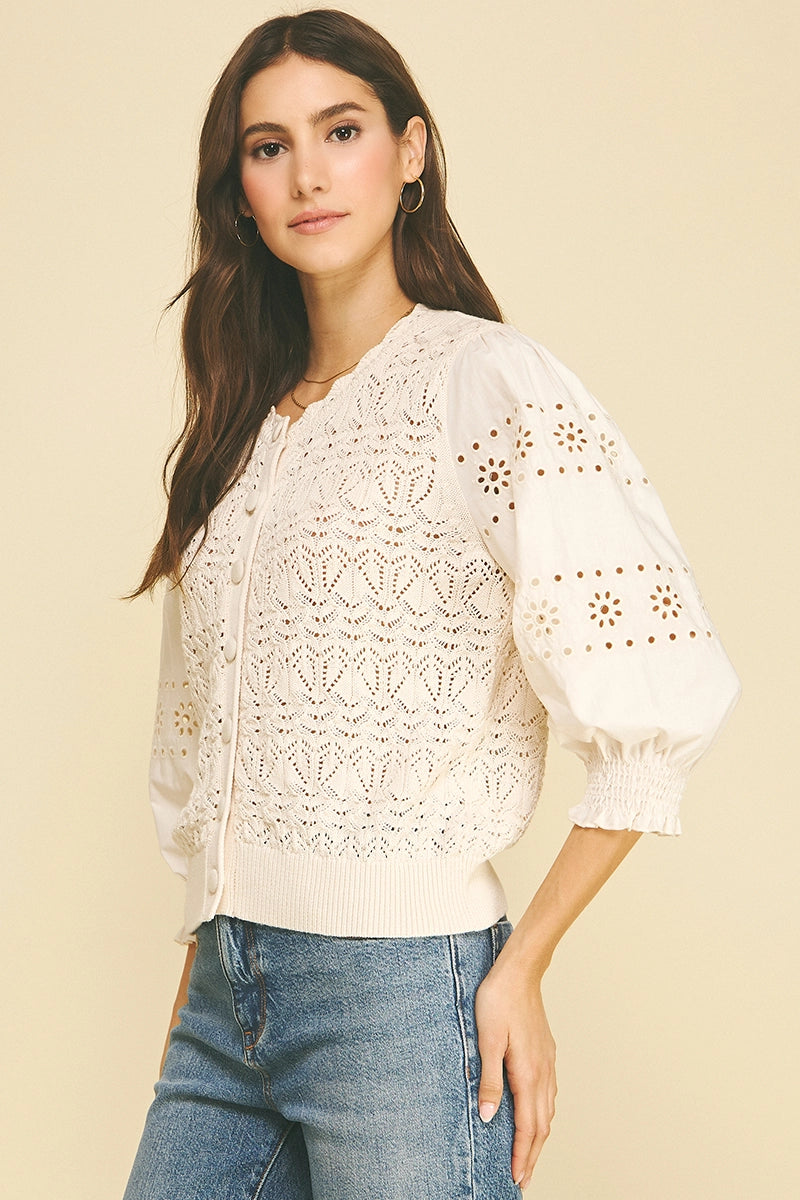 Eyelet & Knit Mixed Cardigan
