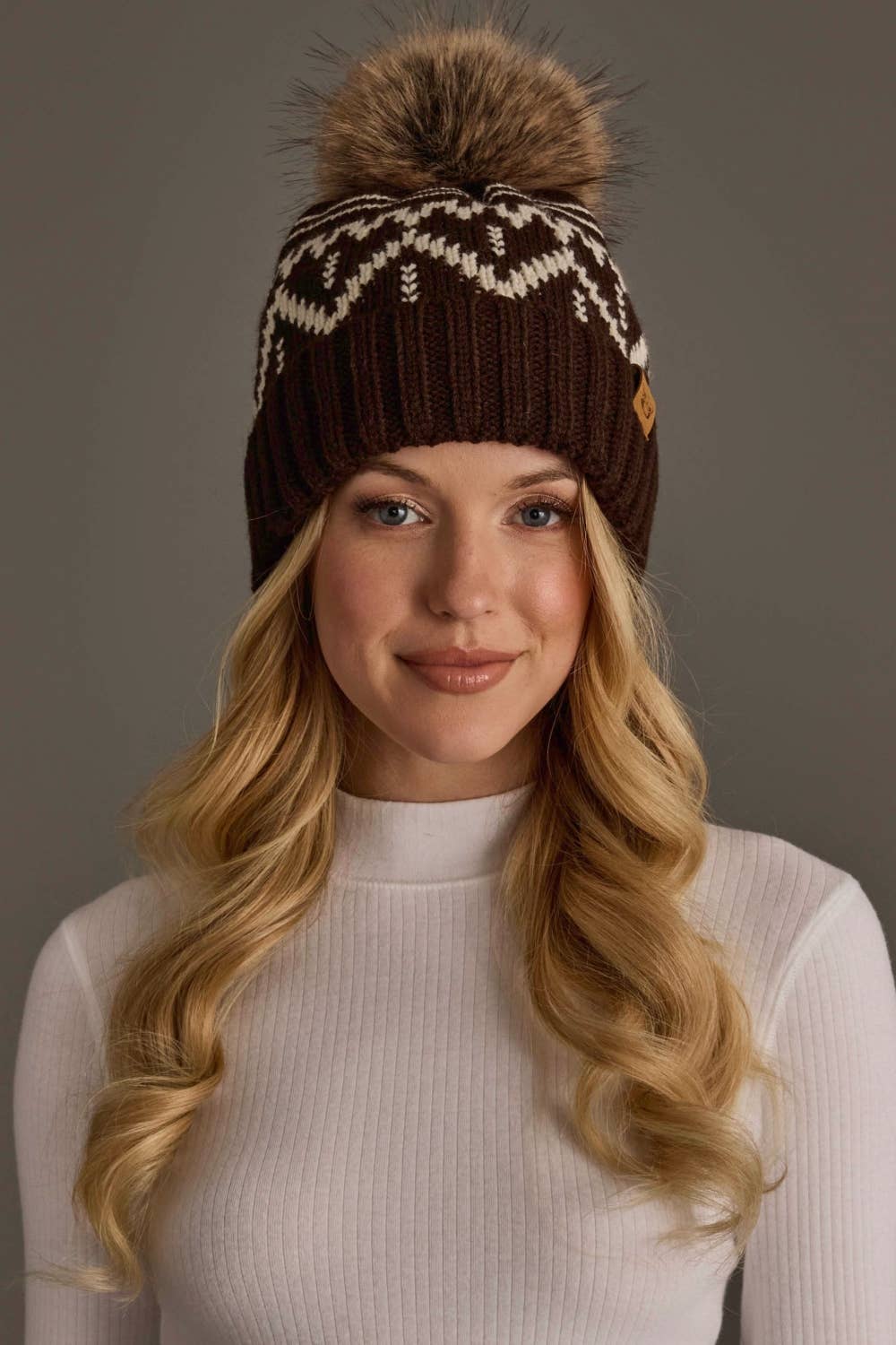 Chocolate Brown & Beige Patterned Pom Hat