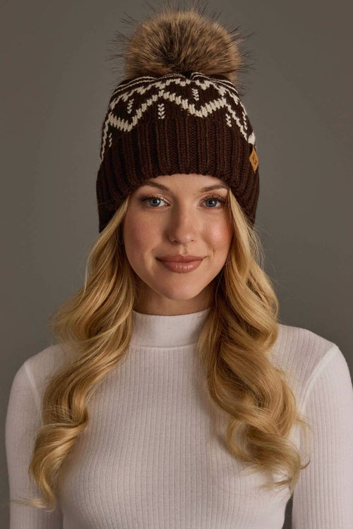 Chocolate Brown & Beige Patterned Pom Hat