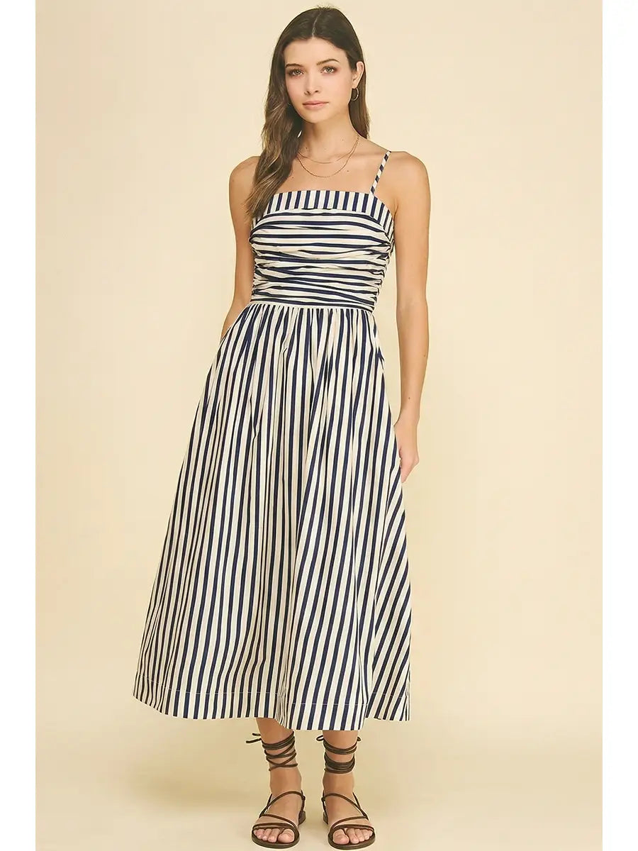 Stripe Ruched Midi Dress