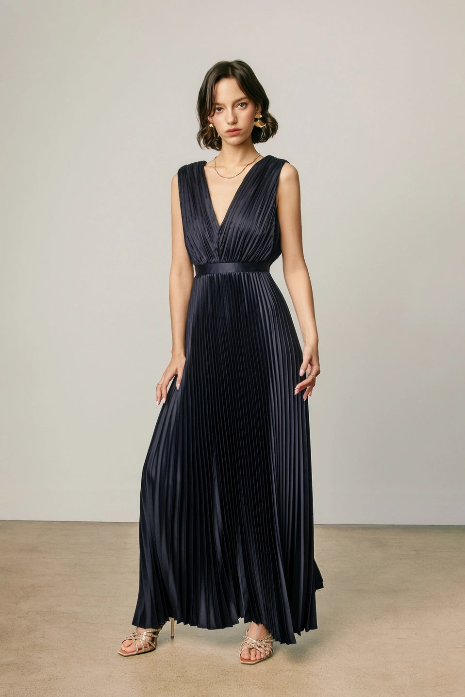 Pleated Satin Maxi Dress