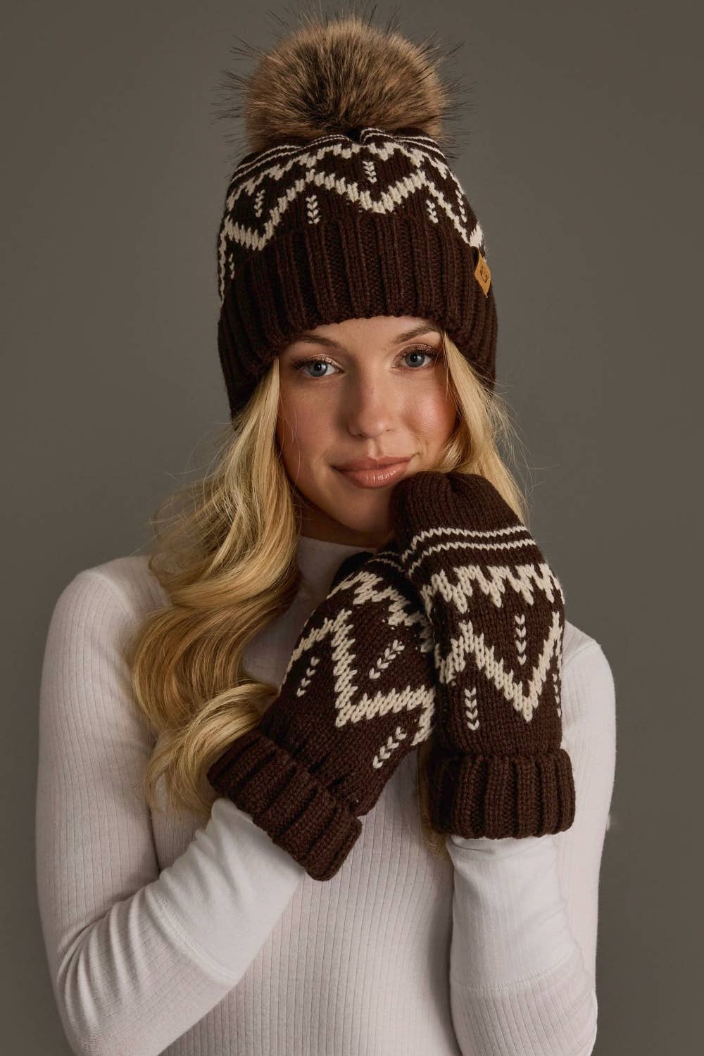 Chocolate Brown & Beige Patterned Mittens
