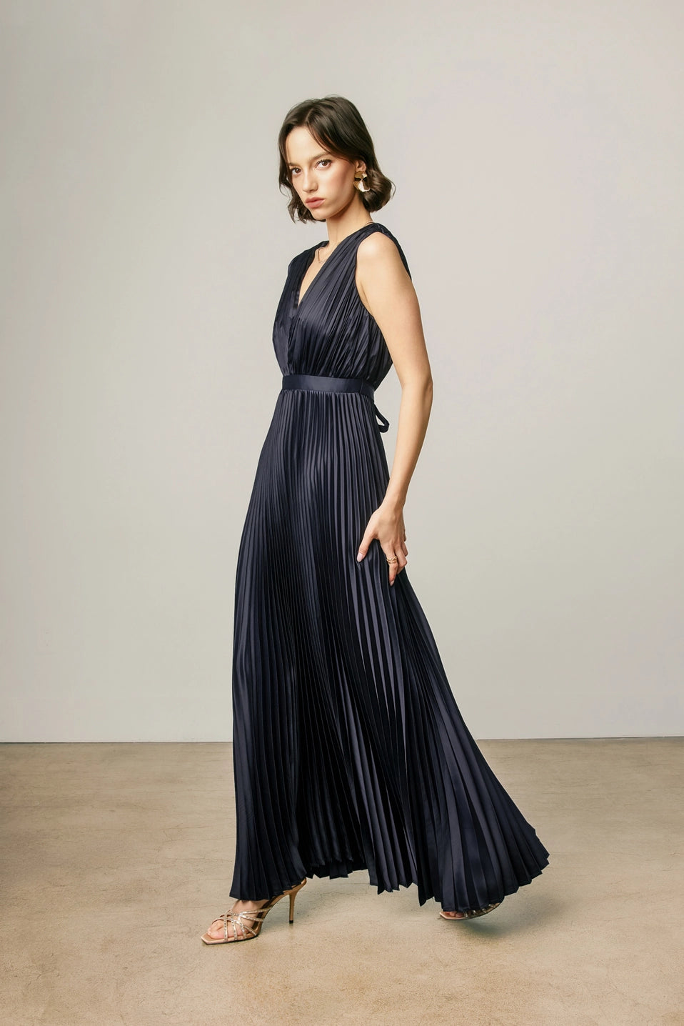 Pleated Satin Maxi Dress