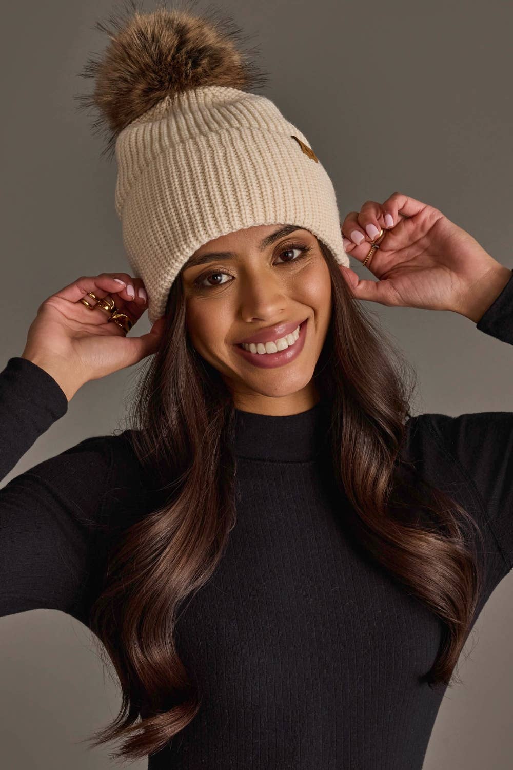 Beige Knit Pom Hat