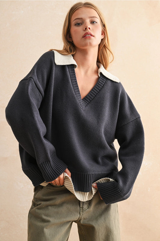 Color Combo V-Neck Sweater