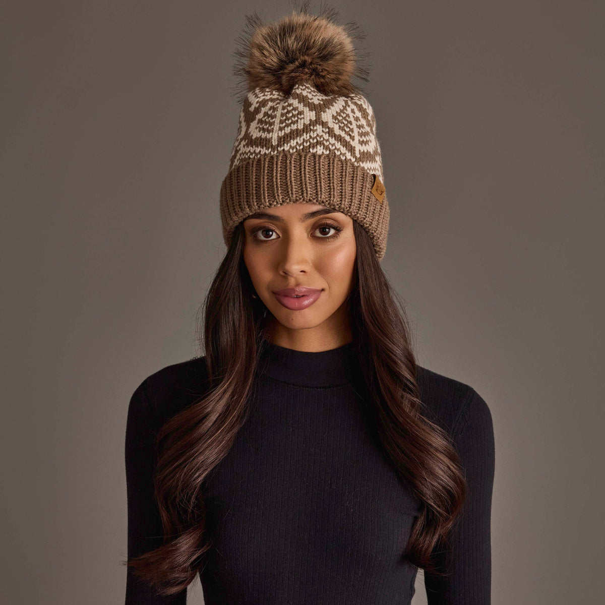 Taupe & Beige Patterned Knit Pom Hat