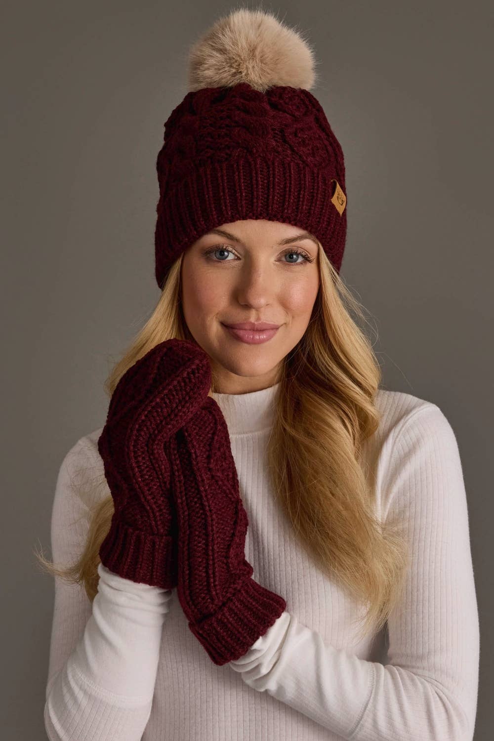 Burgundy Cable Knit Mittens