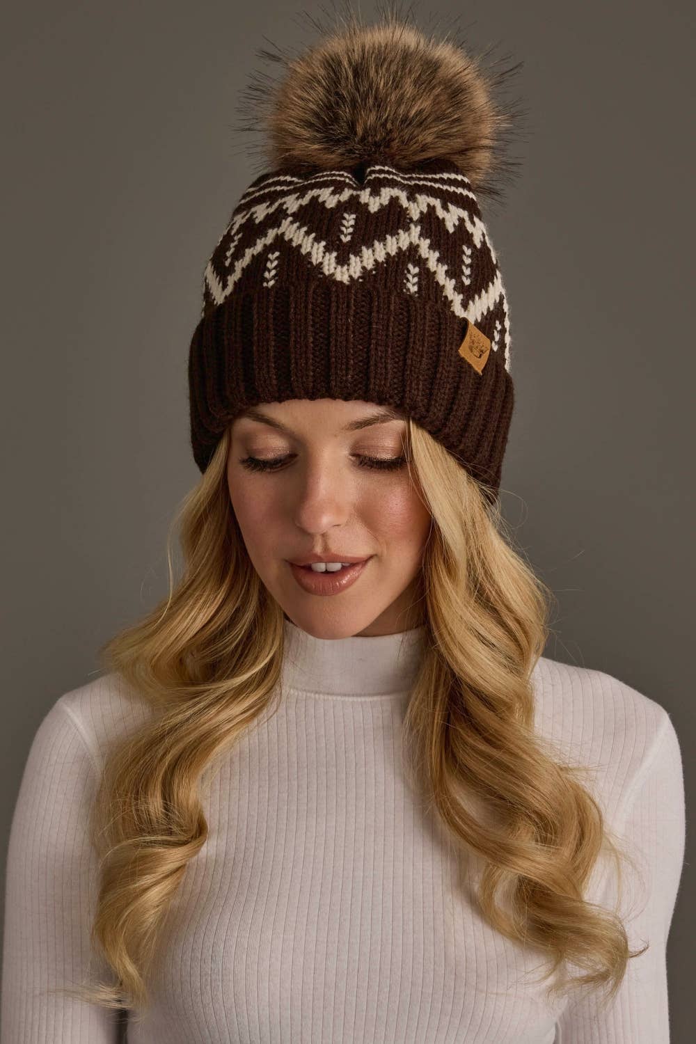 Chocolate Brown & Beige Patterned Pom Hat