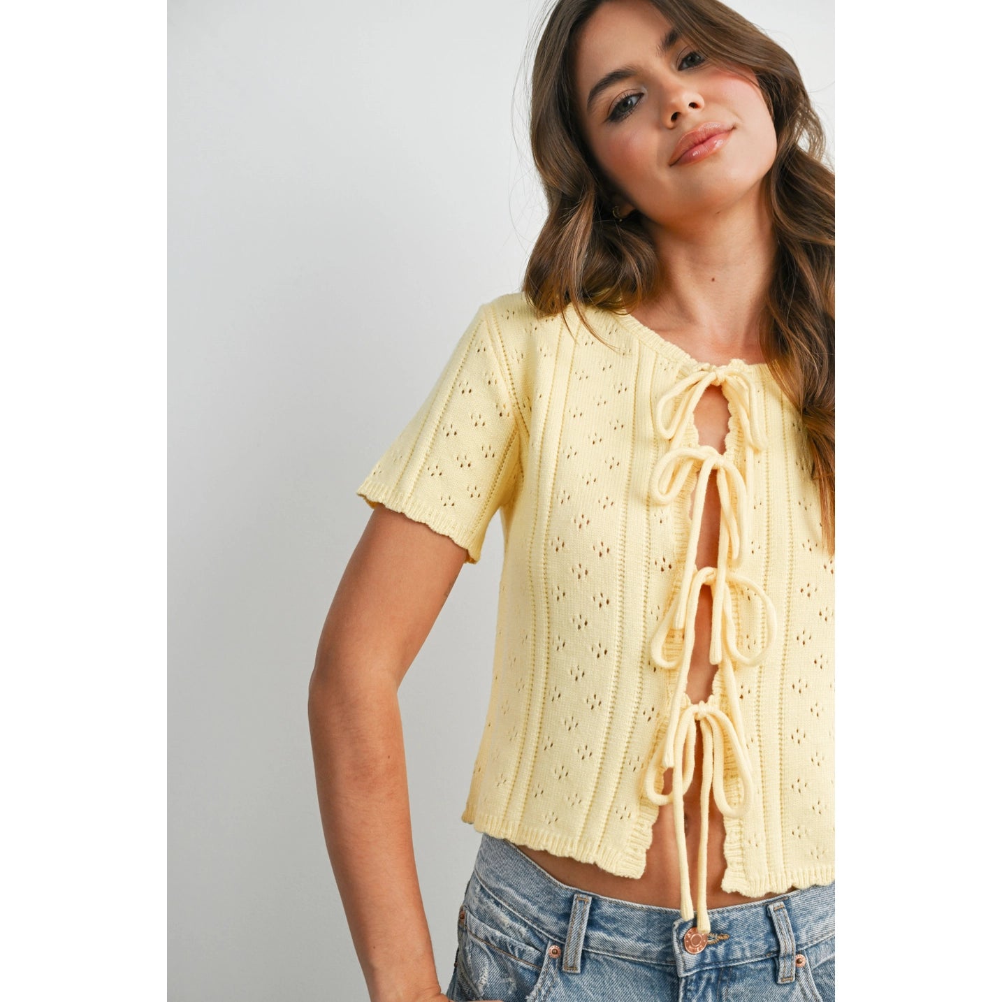 Scallop Front Tie Pointelle Top