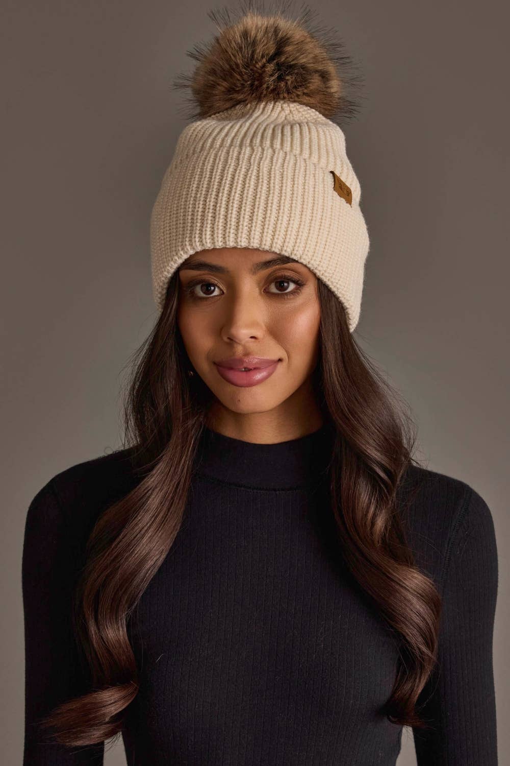 Beige Knit Pom Hat