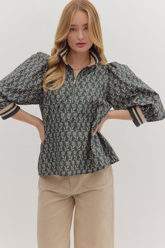 Floral Print 1/2 Zip Blouse