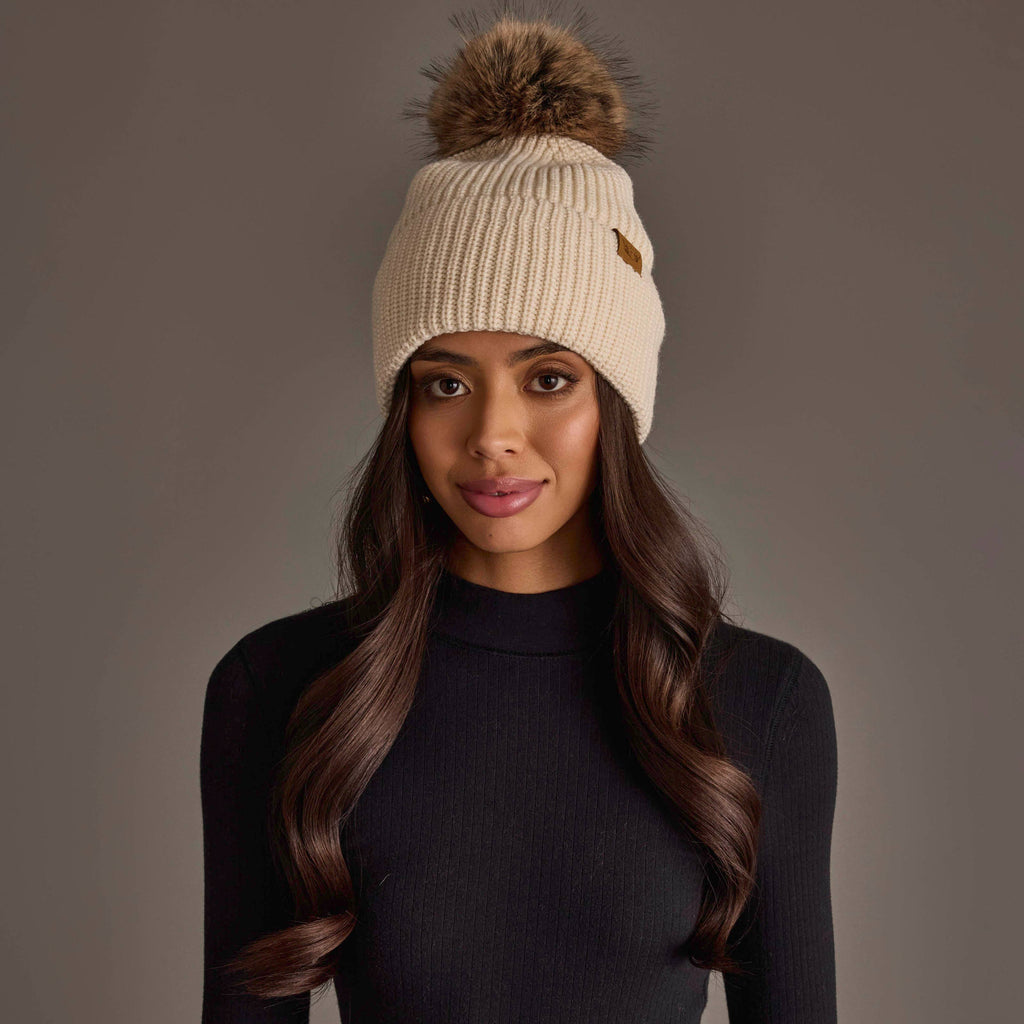 Beige Knit Pom Hat