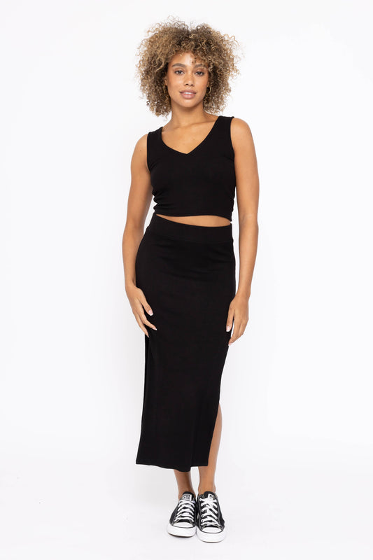 Ribbed High Waisted Midi Skirt